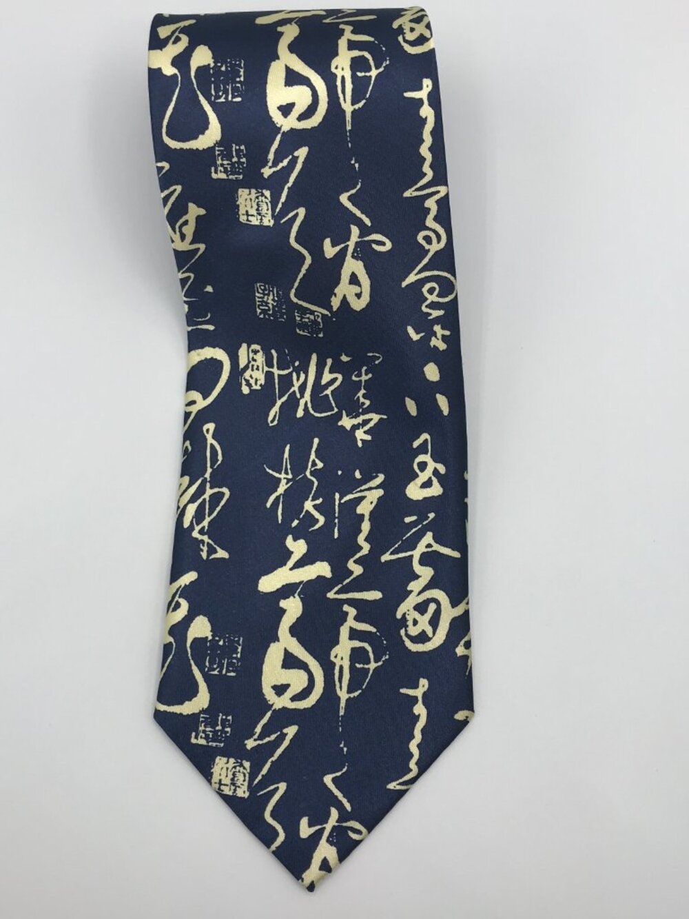 China Classical Men's Blue 4" X 57" Chinese Calligraphy Print Bias Tie